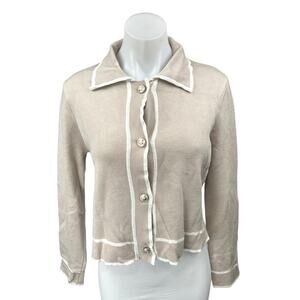 Tahari Cewam White Knit Long Sleeve Button Down Collar Cardigan Sweater Top Sz S